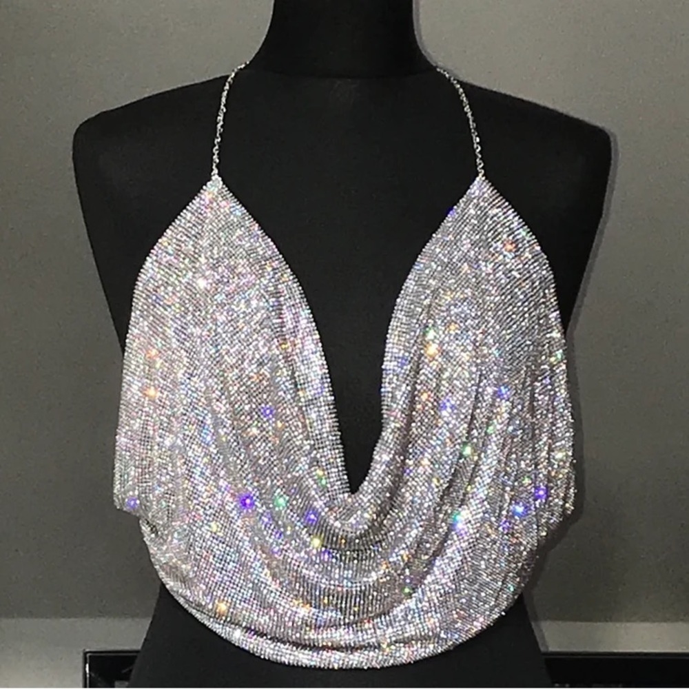 NWOT custom made Rhinestone crystal top in Silver